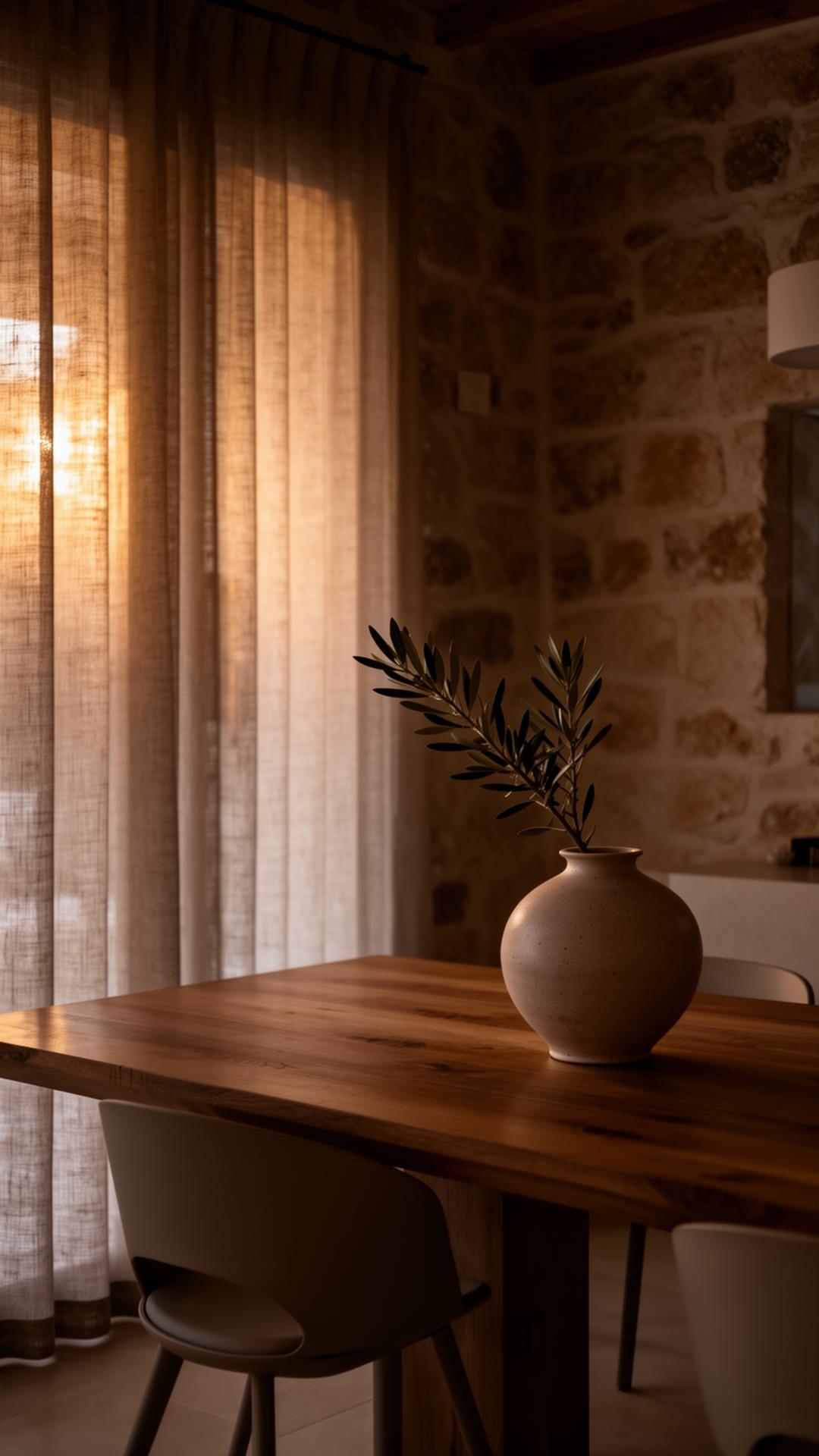 A still interior of a stone-walled Ibiza villa at dusk